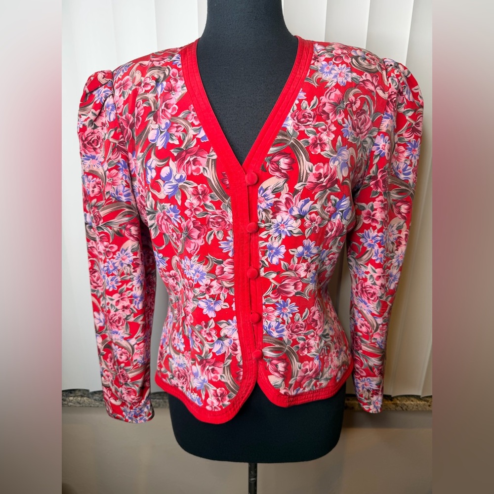 Vinyage Richard Warren 100% Silk Floral Paisley Red Button-Up Blouse Size 10